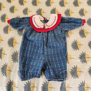 OshKosh B'Gosh Vtg Demin Romper Embroidered Logo 6-9 Mo Collar Made In USA Snap